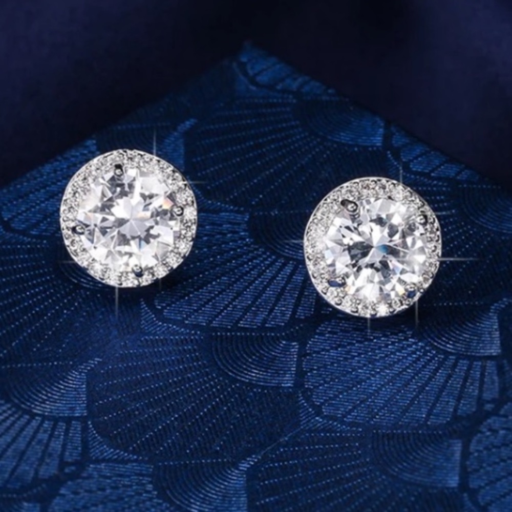 New Round Stud Diamond Sterling Silver Earrings - Picture 14 of 14